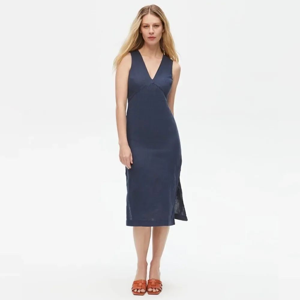 Michael Stars Women Hilary Sleeveless Shift Dress Linen V Neck Navy Blue XS